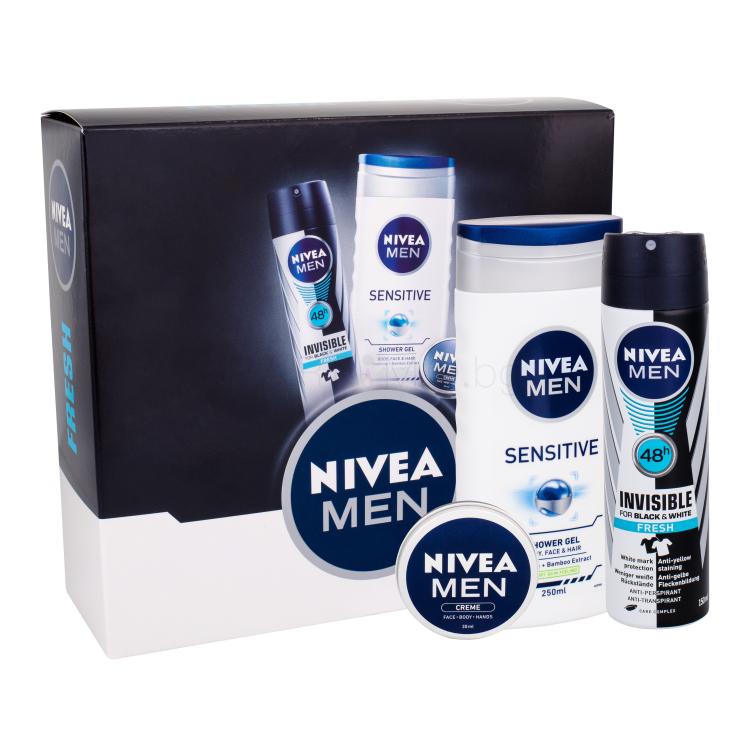 Nivea Men Sensitive Подаръчен комплект душ гел Men Sensitive 250 ml + антиперспирант Men Invisible For Black &amp; White Fresh 150 ml + универсален крем Men Creme 30 ml увредена кутия