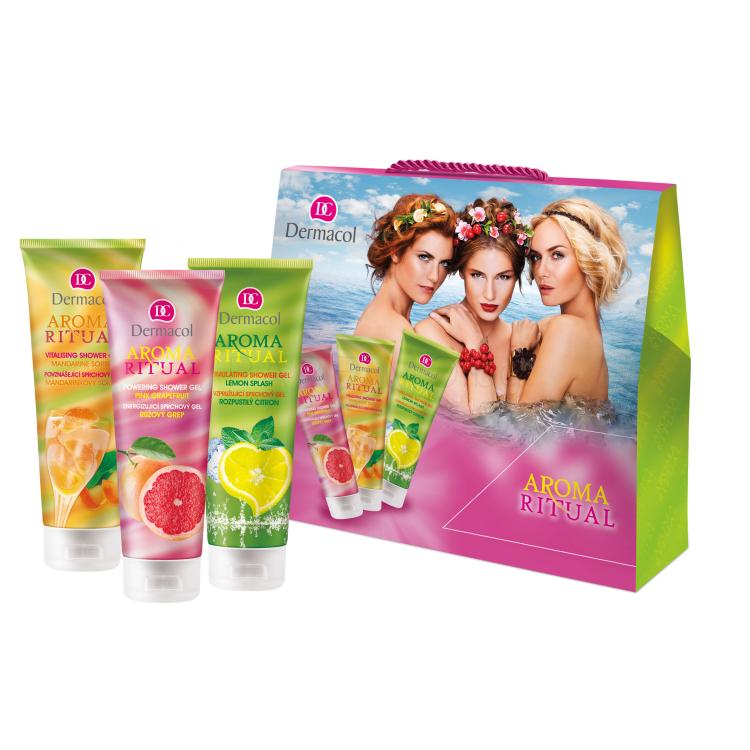 Dermacol Aroma Ritual Подаръчен комплект душ гел Pink Grapefruit 250 ml + душ гел Mandarine Sorbet 250 ml + душ гел Lemon Splash 250 ml увредена кутия