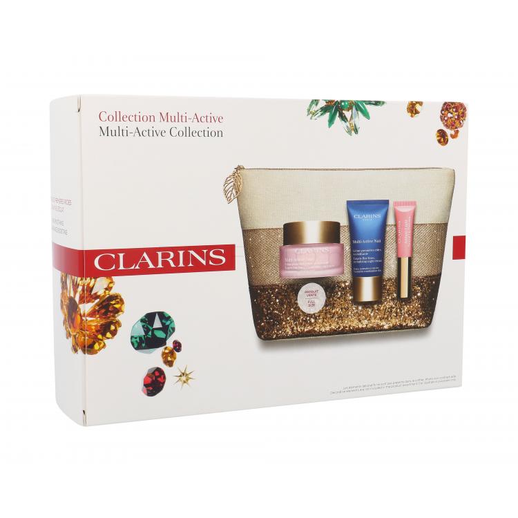 Clarins Multi-Active Подаръчен комплект дневна грижа за лице 50 ml + нощна грижа за лице 15 ml + тонизиращ балсам Instant Light Natural Lip Perfector 5 ml 01 Rose Shimmer + козметична чанта