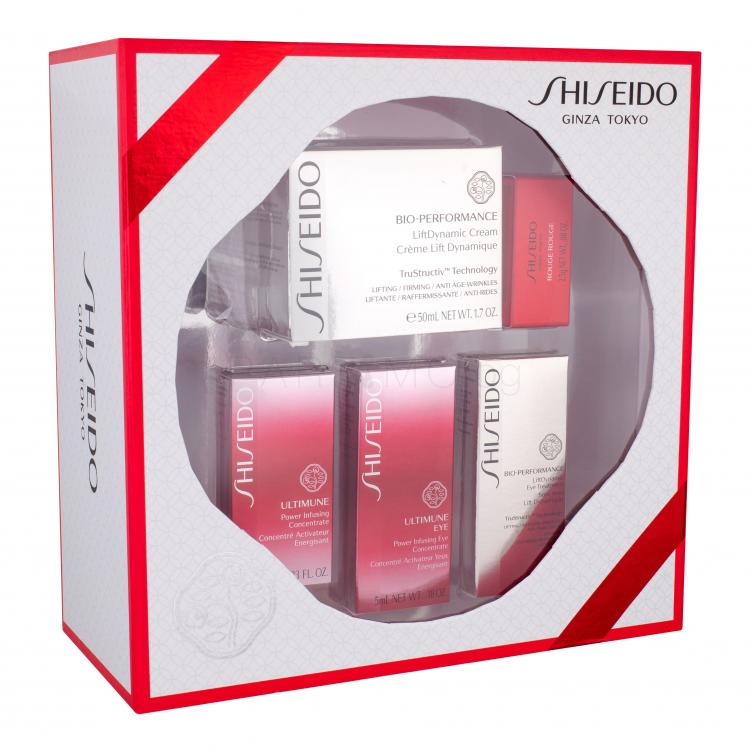 Shiseido Bio-Performance LiftDynamic Cream Подаръчен комплект дневен крем 50 ml + серум за лице Ultimune 10 ml + околоочна грижа Ultimune 5 ml + околоочна грижа Lift Dynamic 5 ml + червило Rouge 2,5 g RD501