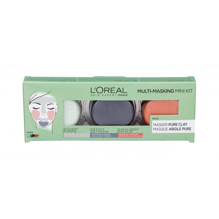 L&#039;Oréal Paris Pure Clay Multi-Masking Подаръчен комплект почистваща маска за лице 10 ml + интензивна почистваща маска за лице Detox Mask 10 ml + ексфолираща маска за лице Glow Mask 10 ml