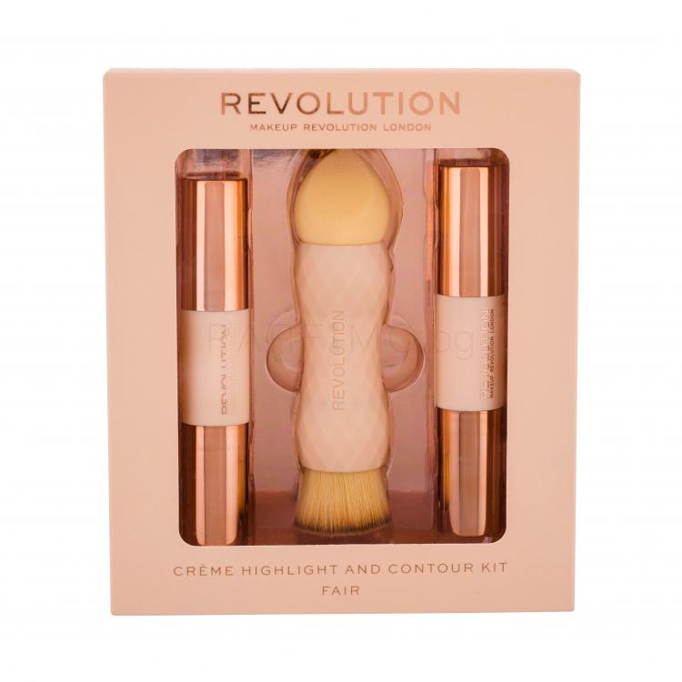 Makeup Revolution London Crème Highlight And Contour Kit Подаръчен комплект стик за устни за контур 3,5g + хайлайтър 3,5g + 1бр гъбичка и четка 2в1