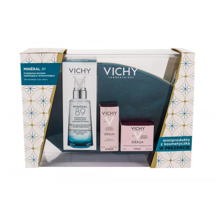 Vichy Minéral 89 Подаръчен комплект серум за лице 50 ml + дневна грижа за лице Idéalia 15 ml + серум за лице Idéalia 3 ml + козметична чантичка