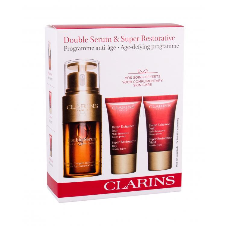 Clarins Double Serum &amp; Super Restorative Age-Defying Programme Подаръчен комплект серум за лице 30 ml + дневна грижа за лице 15 ml + нощна грижа за лице 15 ml