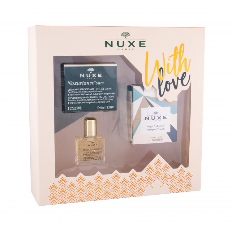 NUXE Nuxuriance Ultra Replenishing Cream Подаръчен комплект нощна грижа за лице 50 ml + сухо олио Huile Prodigieuse Multi Purpose Dry Oil 10 ml + парфюмна свещ 70 g