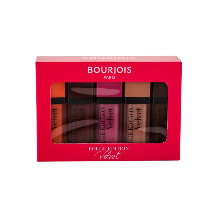 BOURJOIS Paris Rouge Edition Velvet Подаръчен комплект червило 7,7 ml + червило 7,7 ml 24 Dark Chérie + червило 7,7 ml 35 Babe Idole + червило 7,7 ml 31 Floribeige! + червило 7,7 ml 23 Chocolat Corset