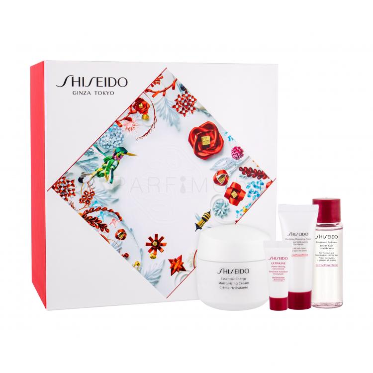 Shiseido Essential Energy Moisturizing Cream Подаръчен комплект дневна грижа за лице 50 ml + серум за лице ULTIMUNE 5 ml + почистваща пяна Clarifying Cleansing Foam 15 ml + почистваща вода за лице Treatment Softener 30 ml