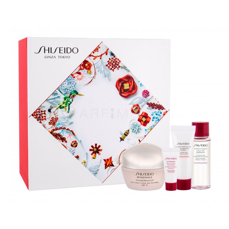 Shiseido Benefiance Wrinkle Resist 24 Day Cream SPF15 Подаръчен комплект дневна грижа за лице SPF15 50 ml + серум за лице ULTIMUNE 5 ml + почистваща пяна Clarifying Cleansing Foam 15 ml + почистваща вода за лице Treatment Softener 30 ml