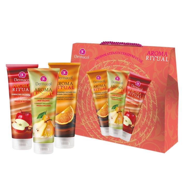 Dermacol Aroma Ritual Подаръчен комплект душ гел Belgian Chocolate 250 ml + душ гел Apple &amp; Cinnamon 250 ml + душ гел Pear Williams 250 ml увредена кутия