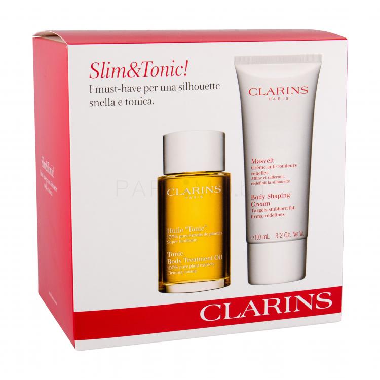 Clarins Tonic Body Treatment Oil Подаръчен комплект олио за тяло 100 ml + крем за тяло Body Shaping Cream 100 ml + козметична чантичка