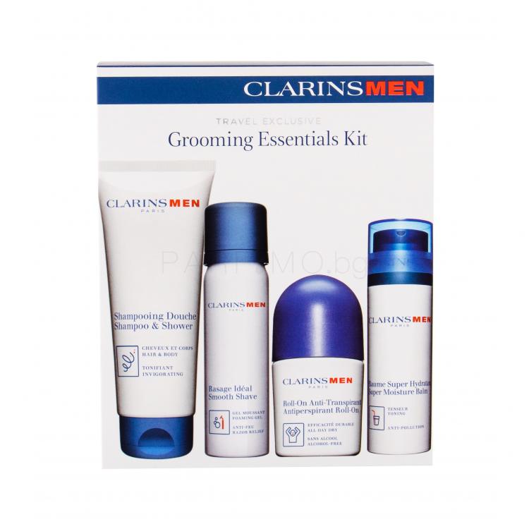 Clarins Men Grooming Essentials Подаръчен комплект хидратиращ балсам за лице 50 ml + шампоан 2v1 100 ml + гел за бръснене 50 ml + антиперспирант рол-он 50 ml