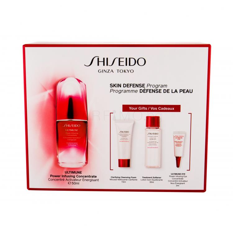 Shiseido Ultimune Подаръчен комплект серум за лице 50 ml + почистваща пяна за лице 15 ml + почистваща вода за лице 30 ml + околоочна грижа 3 ml