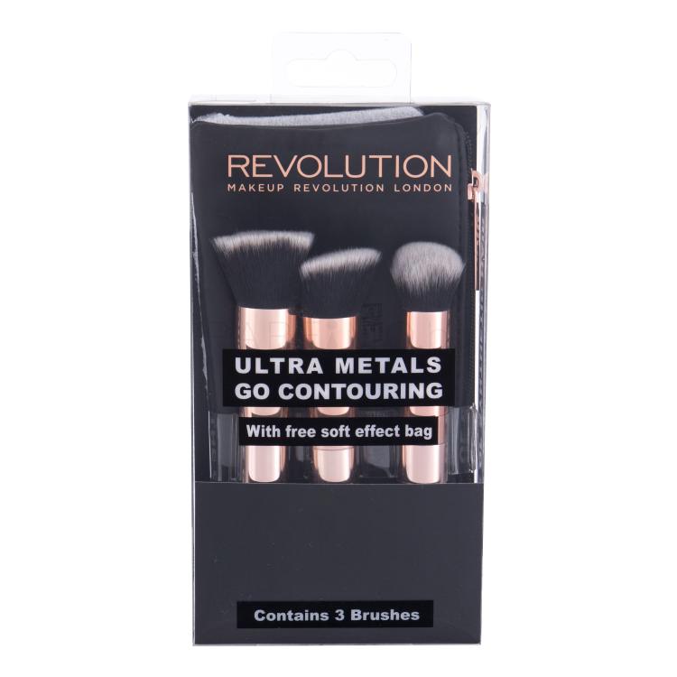 Makeup Revolution London Brushes Ultra Metals Go Contouring Подаръчен комплект четка за грим 1 бр + четка за смесване 1 бр + четка за контур 1 бр + козметична чантичка 1 бр