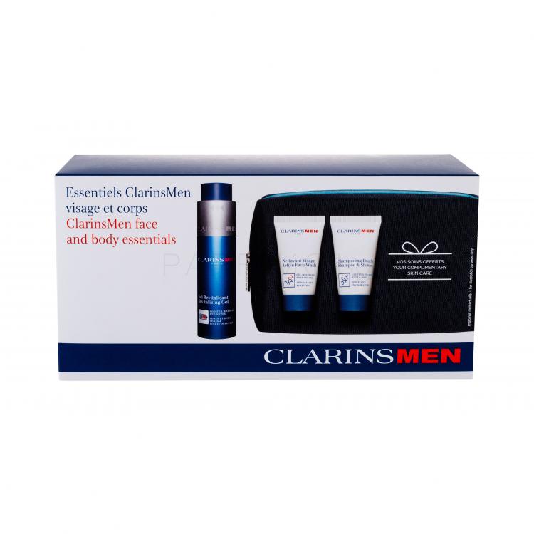 Clarins Men Revitalizing Gel Подаръчен комплект хидратиращ гел 50 ml + почистване на лице Active Face Wash 30 ml + душ гел Shampoo &amp; Shower 30 ml + козметична чантичка