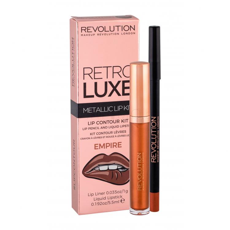 Makeup Revolution London Retro Luxe Metallic Lip Kit Подаръчен комплект течно червило 5,5 ml + контуриращ молив за устни 1 g