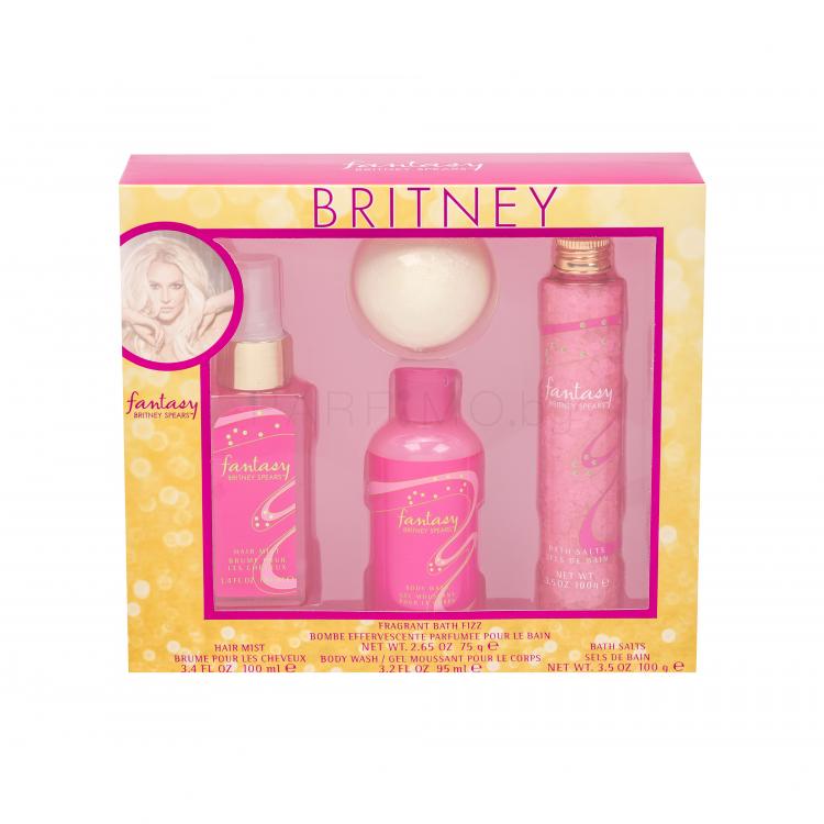 Britney Spears Fantasy Подаръчен комплект мъгла за коса 100 ml + разтворима топка за вана 75 g + душ гел 95 ml + соли за вана 100 g