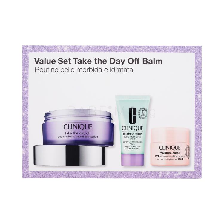 Clinique Take the Day Off Cleansing Balm Подаръчен комплект балсам за почистване на грим Take the Day Off 125 ml + течен сапун за лице All About Clean Facial Soap Mild 30 ml + крем за лице Moisture Surge 100H 15 ml