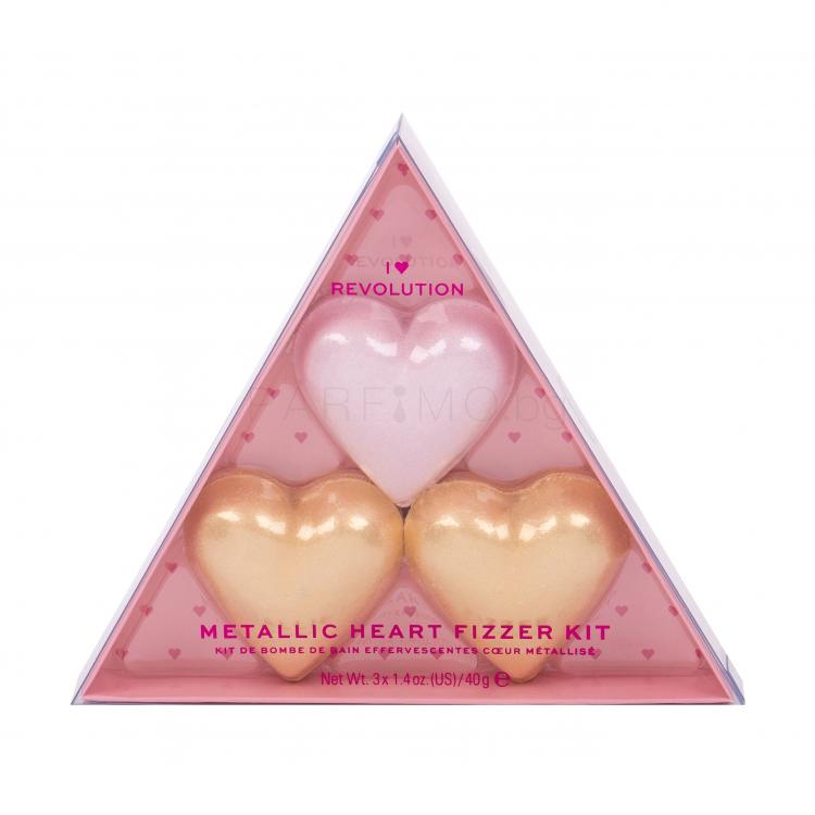I Heart Revolution Heart Metallic Bath Fizzer Kit Подаръчен комплект цветни разтворими таблетки за вана(форма-сърце) 1 x 40 g + цветни разтворими таблетки за вана(форма-сърце) 2 x 40 g Shea Butter