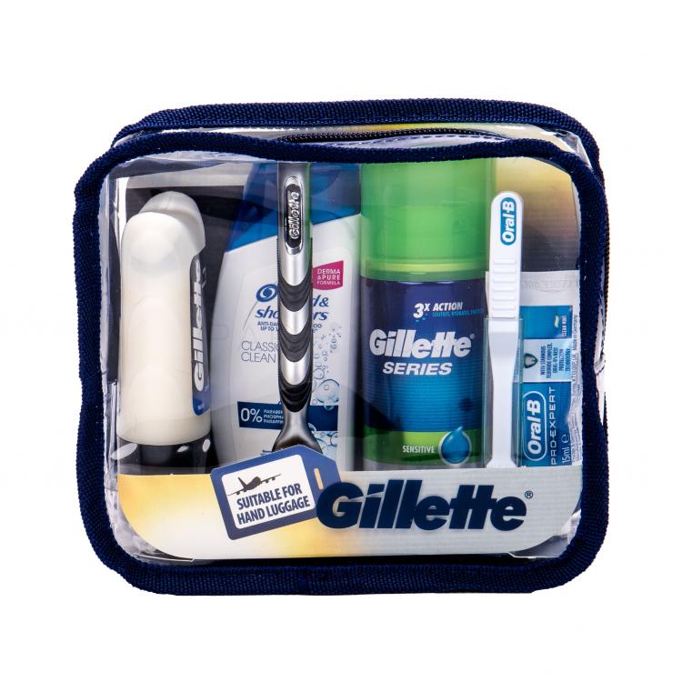 Gillette Mach3 Travel Kit Подаръчен комплект самобръсначка с една глава 1 бр + пяна за бръснене 75 ml + балсам след бръснене 75 ml + шампоан 90 ml + паста за зъби 15 ml + четка за зъби 1 бр