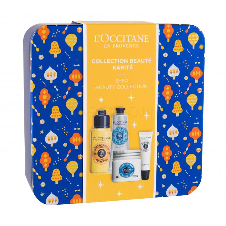 L&#039;Occitane Shea Butter Подаръчен комплект душ олио 75 ml + крем за ръце 30 ml + крем за тяло Ultra Rich 50 ml + балсам за устни Ultra Rich 12 ml + метална кутия